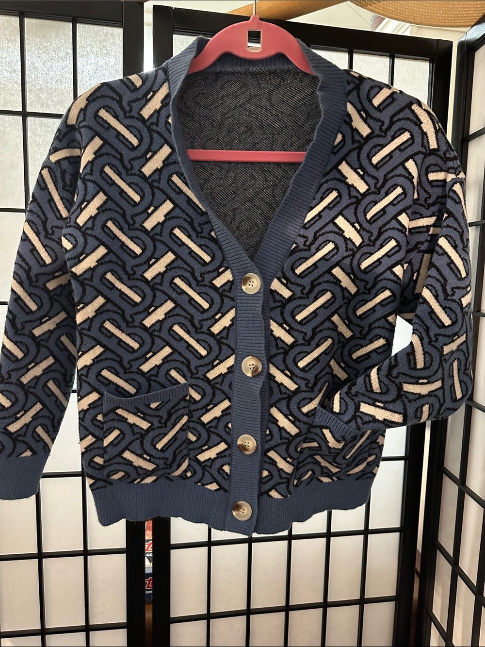Vintage Burberry Navy & Cream TB Chain-Pattern Button Cardigan